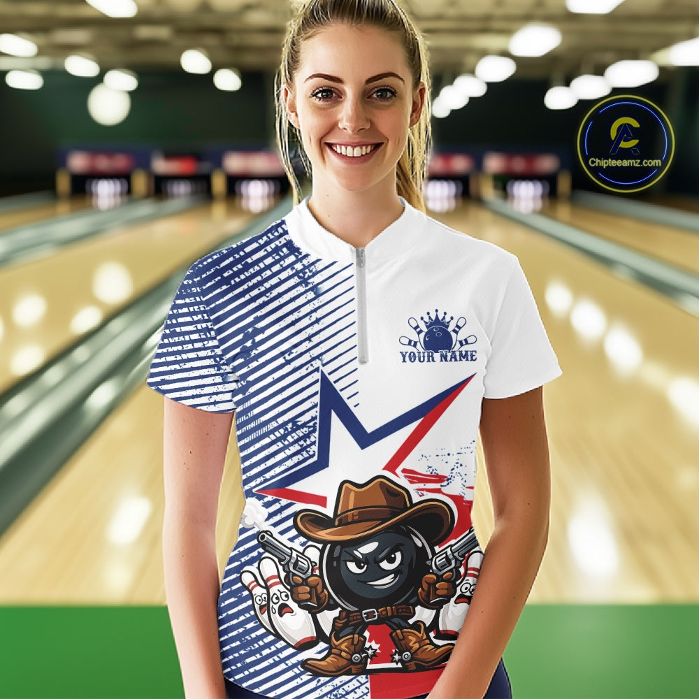 Custom Funny Texas Cowboy Bowling Women Quarter-Zip Shirt, Texas Flag Bowling Shirt IPHW11639