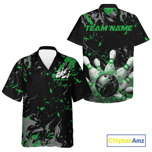 Custom Black And Green Splatter Camo Bowling Team Hawaiian Shirts For Men And Women IPHW10796