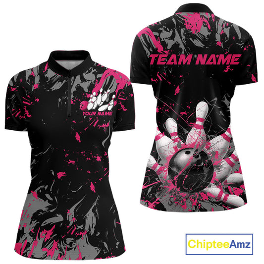 Custom Black And Pink Splatter Camo Bowling Team Quarter-Zip Shirts For Women IPHW10797
