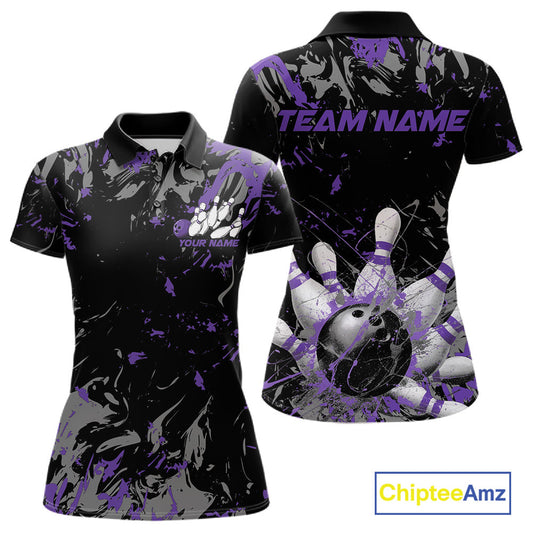 Custom Black And Purple Splatter Camo Bowling Team Polo Shirts For Women IPHW10798