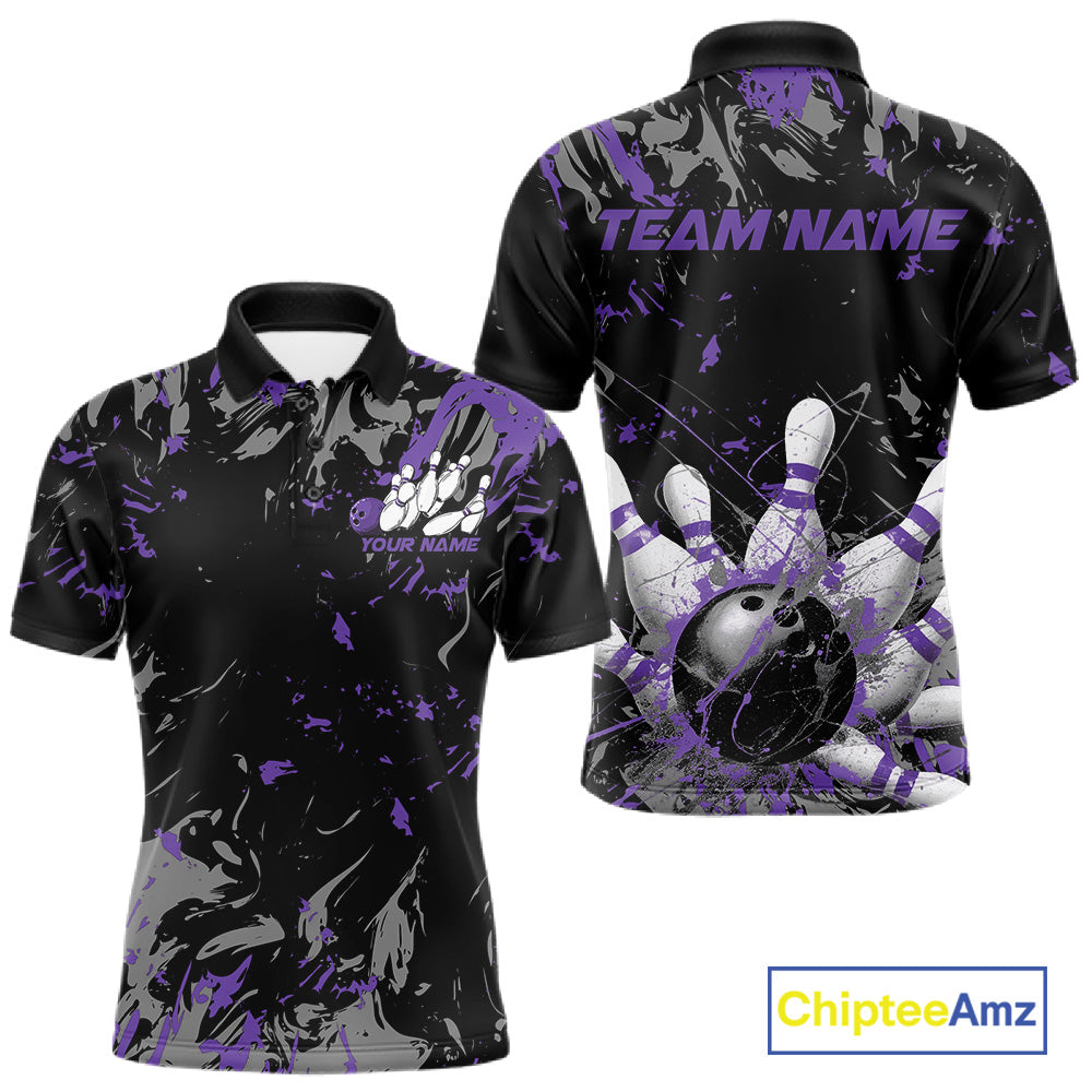 Custom Black And Purple Splatter Camo Bowling Team Polo Shirts For Men IPHW10798