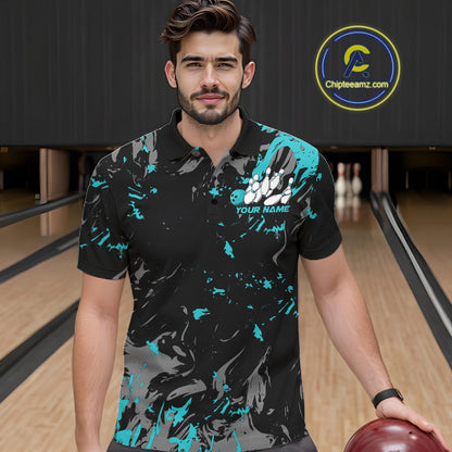 Custom Black And Turquoise Blue Splatter Camo Bowling Team Polo Shirts For Men IPHW10799