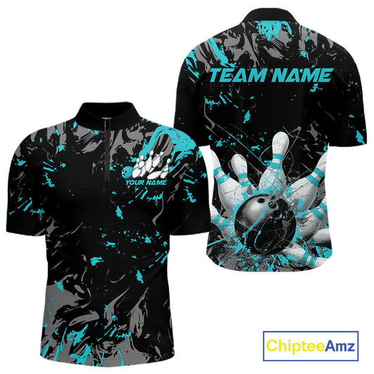 Custom Black And Turquoise Blue Splatter Camo Bowling Team Quarter-Zip Shirts For Men IPHW10799