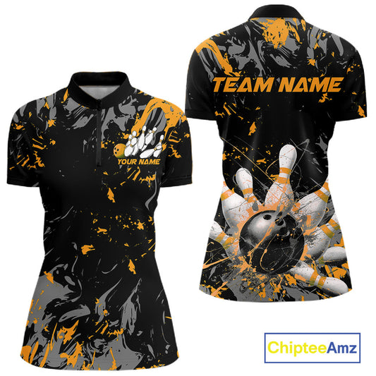 Custom Black And Yellow Splatter Camo Bowling Team Quarter-Zip Shirts For Women IPHW10800