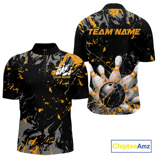 Custom Black And Yellow Splatter Camo Bowling Team Quarter-Zip Shirts For Men IPHW10800