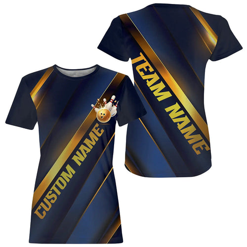 Custom Blue And Gold Bowling Tournament T-Shirts For Women With Team Name And Bowlers Name IPHW6617