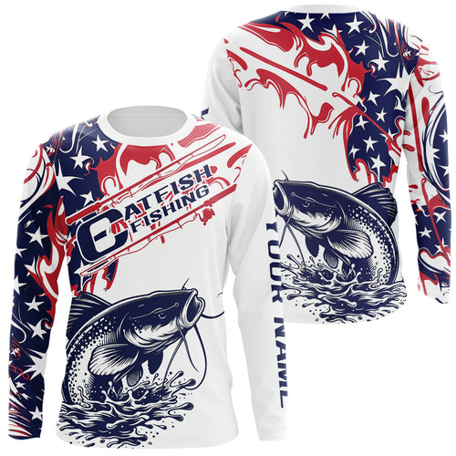 Custom American Flag Catfish Long Sleeve Fishing Shirts, Patriotic Catfish Fishing Jerseys IPHW9133