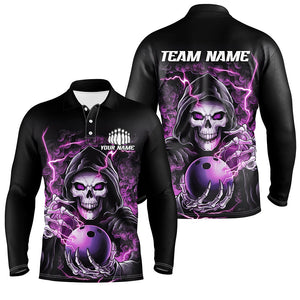 Custom Purple Skull Bowling Long Sleeve Polo Shirts For Men, Halloween Bowling Team Shirts IPHW6802