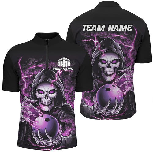 Custom Purple Skull Bowling Quarter Zip Shirts For Men, Personalized Halloween Bowling Team Shirts IPHW6802