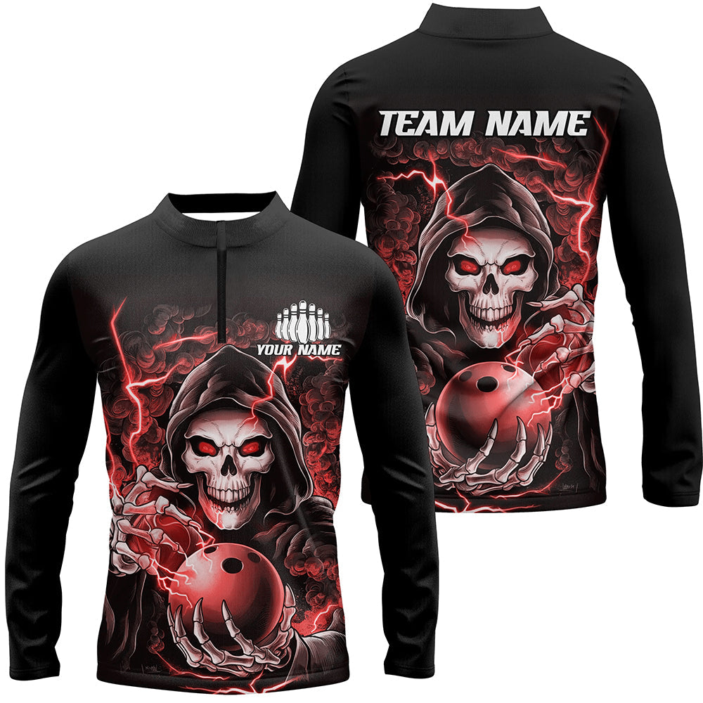 Custom Red Skull Bowling Long Sleeve Quarter Zip Shirts For Men, Halloween Bowling Team Shirts IPHW6803