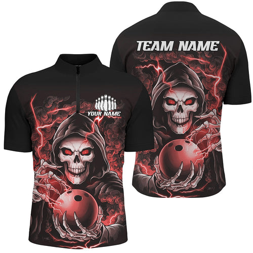 Custom Red Skull Bowling Quarter Zip Shirts For Men, Personalized Halloween Bowling Team Shirts IPHW6803