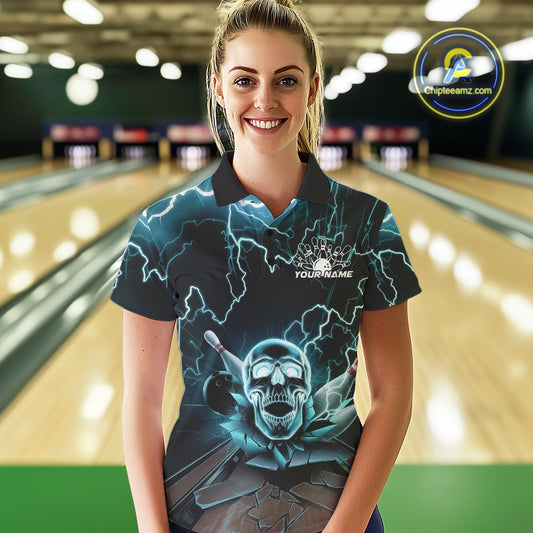 Custom Blue Thunder Lightning Skull Bowling Polo Team Shirts For Women, Halloween Outfit IPHW9497
