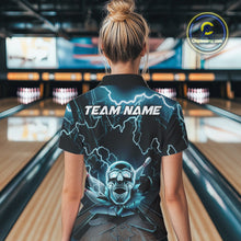 Load image into Gallery viewer, Custom Blue Thunder Lightning Skull Bowling Polo Team Shirts For Women, Halloween Outfit IPHW9497