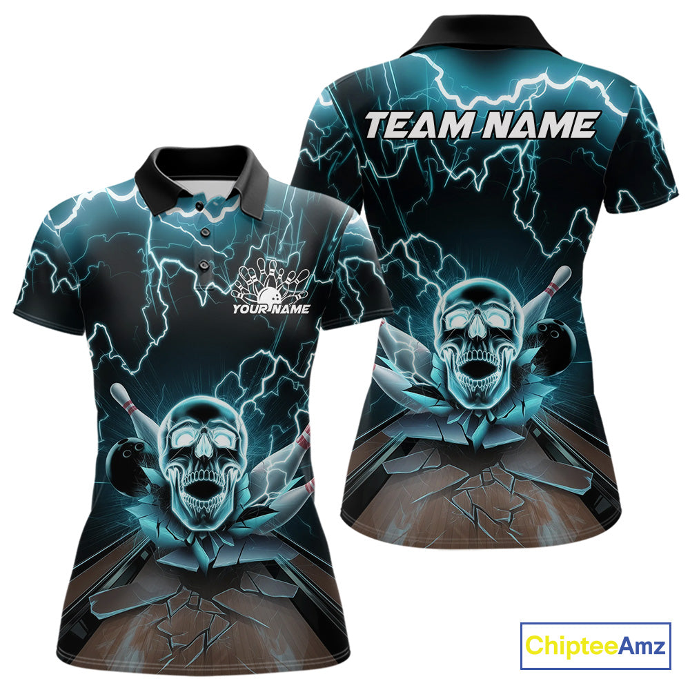 Custom Blue Thunder Lightning Skull Bowling Polo Team Shirts For Women, Halloween Outfit IPHW9497