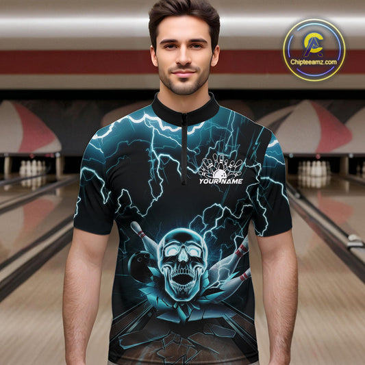 Custom Blue Thunder Lightning Skull Bowling Quarter-Zip Team Shirts For Men, Halloween Outfit IPHW9497