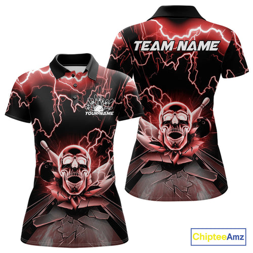 Custom Red Thunder Lightning Skull Bowling Polo Team Shirts For Women, Halloween Outfit IPHW9498