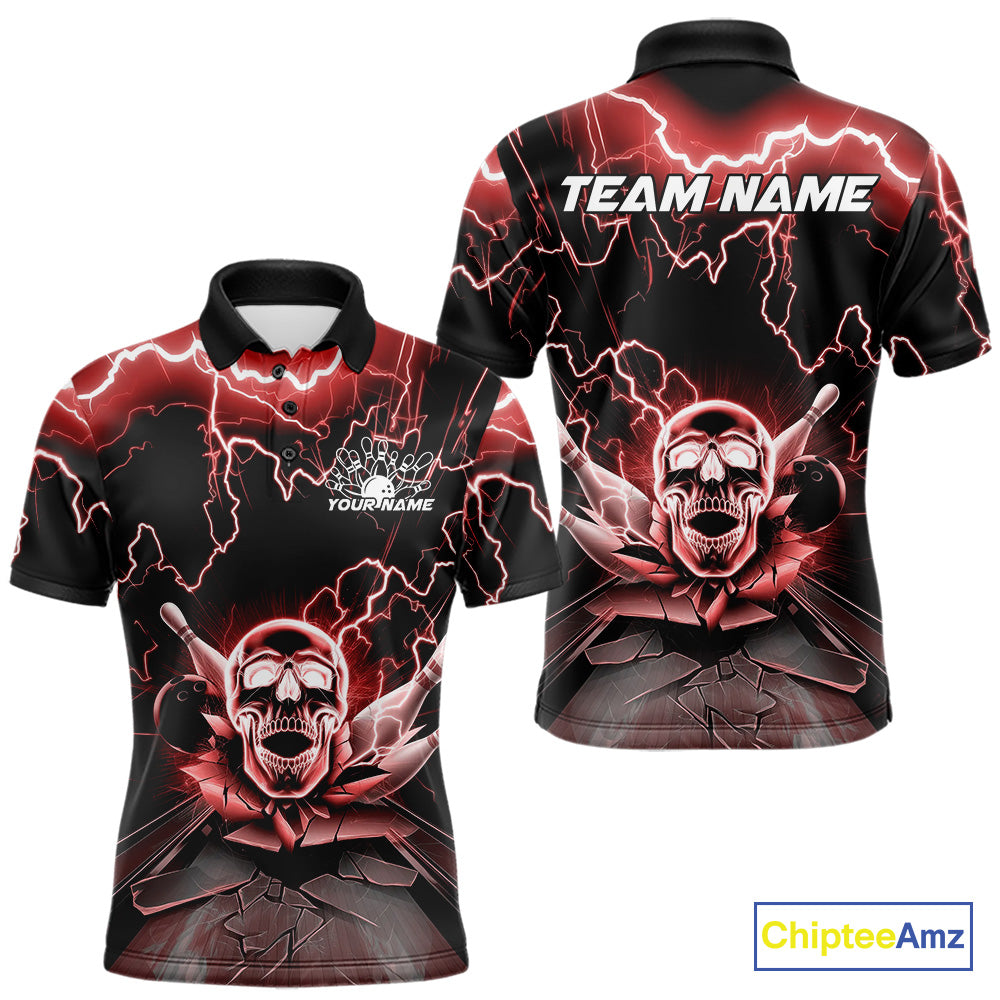 Custom Red Thunder Lightning Skull Bowling Polo Team Shirts For Men, Halloween Outfit IPHW9498
