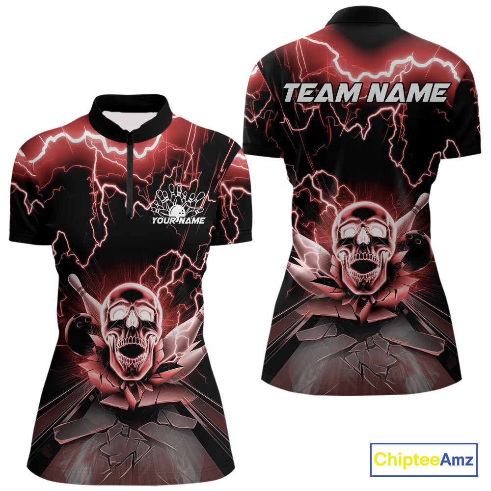 Custom Red Thunder Lightning Skull Bowling Quarter-Zip Shirt For Women, Halloween Outfit IPHW9498
