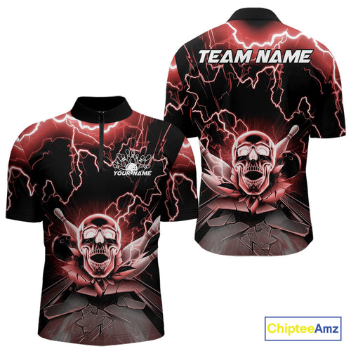Custom Red Thunder Lightning Skull Bowling Quarter-Zip Team Shirts For Men, Halloween Outfit IPHW9498