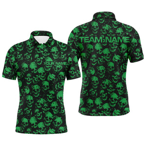 Custom Black And Green Skull Halloween Bowling Shirts For Men, Halloween Outfits For Bowlers IPHW7164