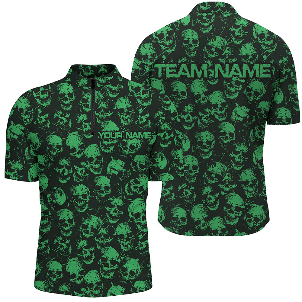 Custom Black And Green Skull Halloween Bowling Shirts For Men, Halloween Outfits For Bowlers IPHW7164