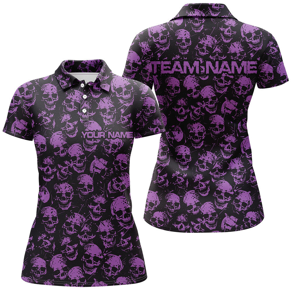 Custom Black And Purple Skull Halloween Ladies Bowling Shirts, Halloween Outfit For Bowlers IPHW7165