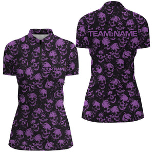 Custom Black And Purple Skull Halloween Ladies Bowling Shirts, Halloween Outfit For Bowlers IPHW7165