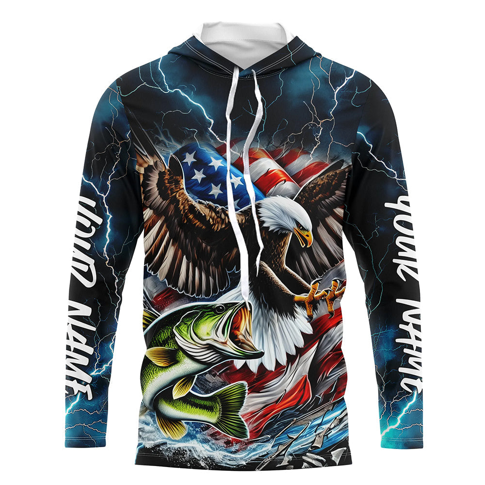 Blue Thunder Lightning US Flag Eagle Custom Patriotic Largemouth Bass Long Seeve Fishing Shirts IPHW8170