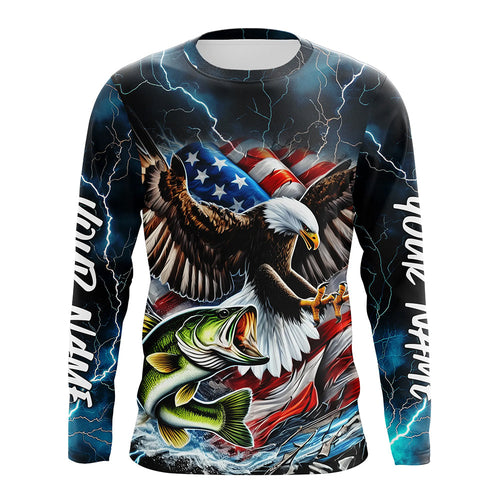 Blue Thunder Lightning US Flag Eagle Custom Patriotic Largemouth Bass Long Seeve Fishing Shirts IPHW8170