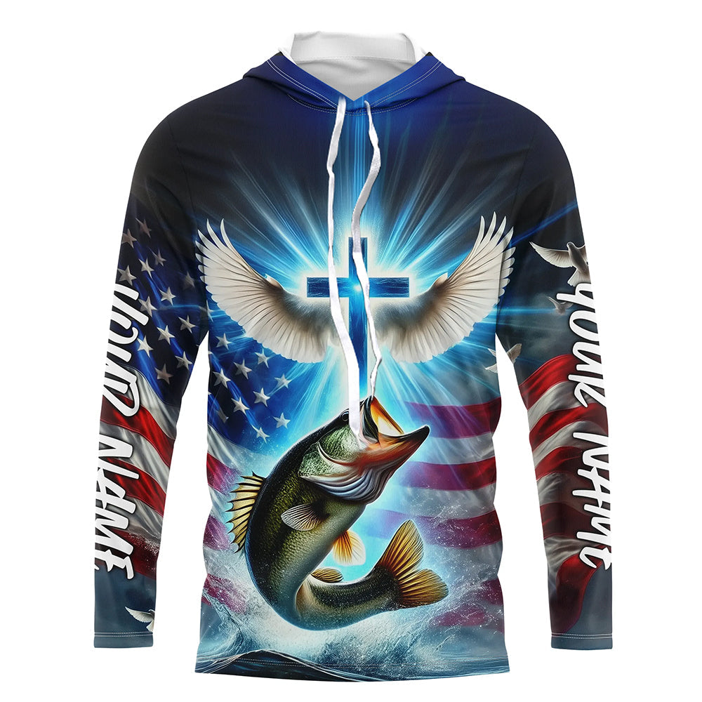 Custom Faith Largemouth Bass Patriotic Long Sleeve Hooded Fishing Shirt, US Fishing Jerseys IPHW8173