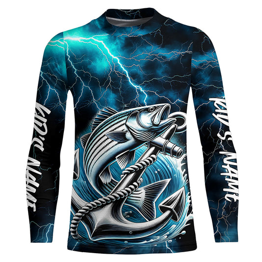 Blue Thunder Lightning Anchor Custom Nautical Striped Bass Kid Long Sleeve Fishing Shirts IPHW8179