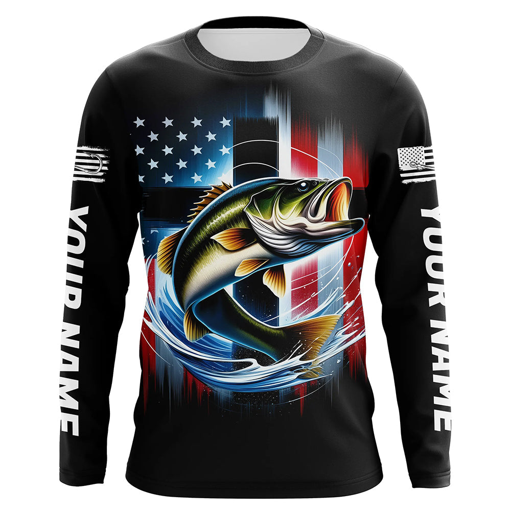 American Flag Cross Custom US Patriotic Largemouth Bass Long Sleeve Tournament Fishing Shirts IPHW8185