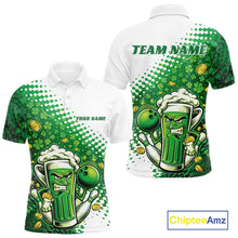 Load image into Gallery viewer, Custom Funny St Patricks Day Beer Bowling Team Shirts, Green Shamrock And Gold Coin Bowling Jerseys IPHW10521