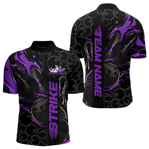 Custom Black And Purple Flame Strike Bowling Team Quarter-Zip Shirts For Men, Strike Bowling Jerseys IPHW8612