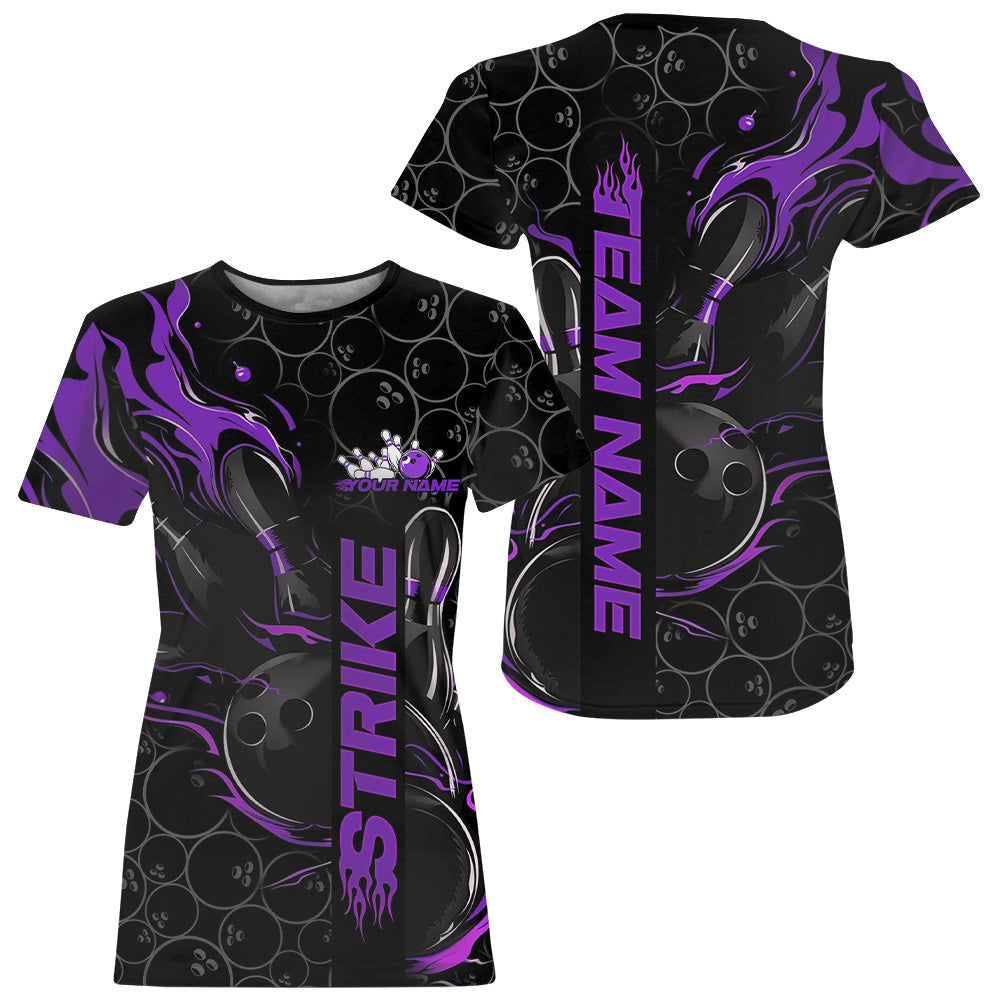 Custom Black And Purple Flame Strike Bowling Team T-Shirts For Women, Strike Bowling Jerseys IPHW8612