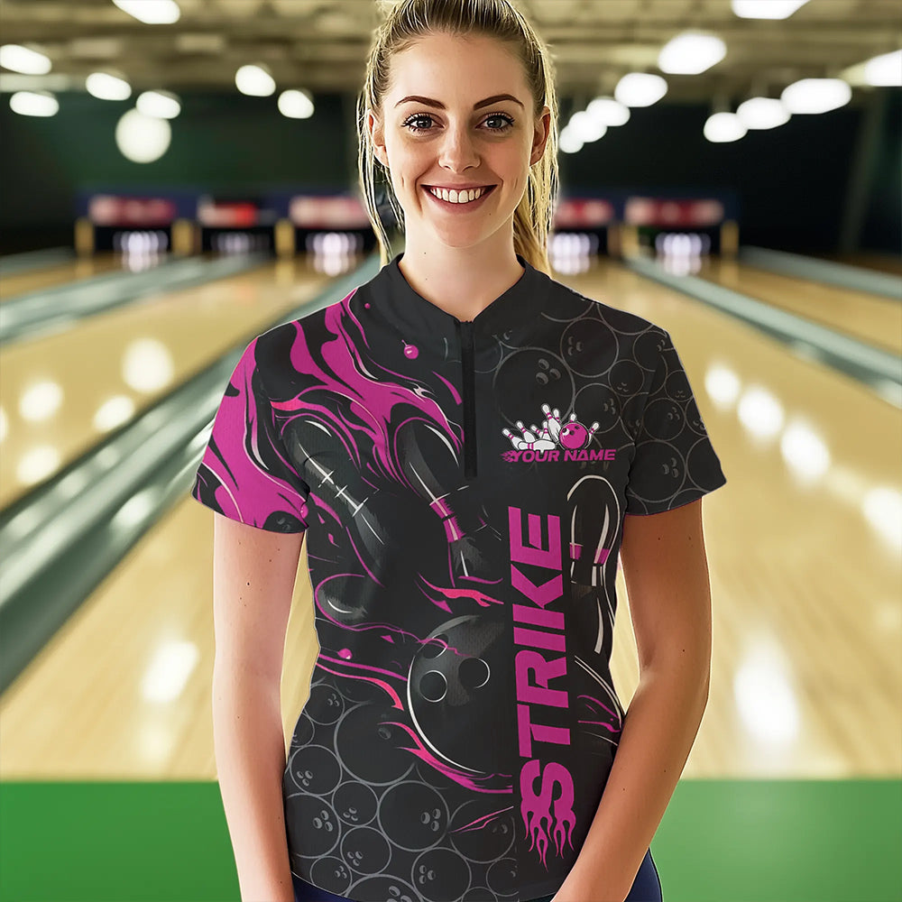 Custom Black And Pink Flame Strike Bowling Team Womens Quarter-Zip Shirt, Bowling Jerseys IPHW8613