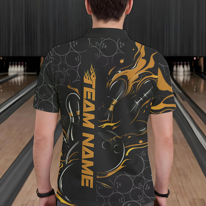 Custom Black And Gold Flame Strike Bowling Team Polo Shirts For Men, Strike Bowling Jerseys IPHW8614