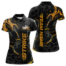 Load image into Gallery viewer, Custom Black And Gold Flame Strike Bowling Team Womens Polo Shirt, Strike Bowling Jerseys IPHW8614