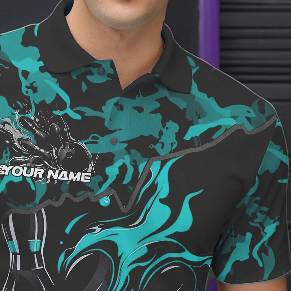 Custom Black And Blue Camo Flame Bowling Team Polo Shirts For Men, Bowling Tournament Shirt IPHW8623