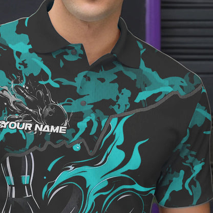 Custom Black And Blue Camo Flame Bowling Team Polo Shirts For Men, Bowling Tournament Shirt IPHW8623