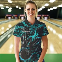 Load image into Gallery viewer, Custom Black And Blue Camo Flame Bowling Team Womens Polo Shirts, Bowling Tournament Shirt IPHW8623