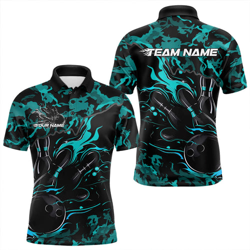 Custom Black And Blue Camo Flame Bowling Team Polo Shirts For Men, Bowling Tournament Shirt IPHW8623