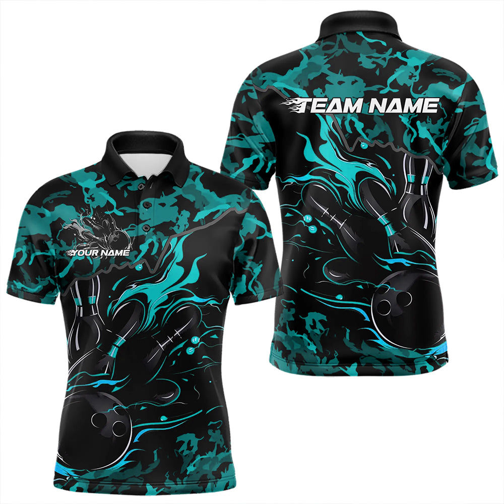 Custom Black And Blue Camo Flame Bowling Team Polo Shirts For Men, Bowling Tournament Shirt IPHW8623