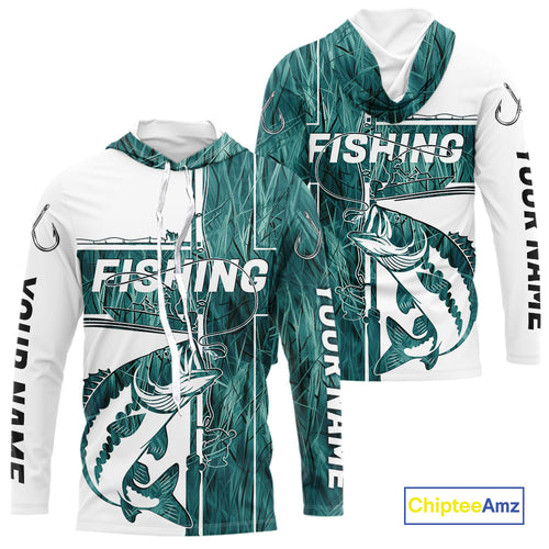 Custom Greenish Blue Grass Camo Cross Faith Largemouth Bass Long Sleeve Hooded Fishing Shirts IPHW9149