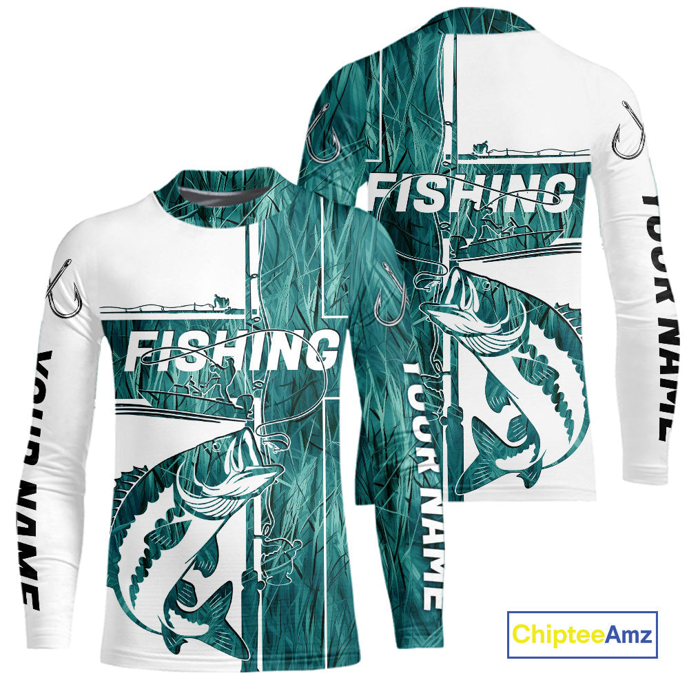 Custom Greenish Blue Grass Camo Cross Faith Largemouth Bass Kid Long Sleeve Fishing Shirts IPHW9149