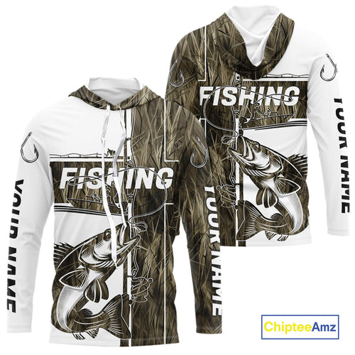 Custom Grass Camo Cross Faith Walleye Long Sleeve Hooded Tournament Fishing Shirts IPHW9150
