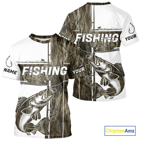 Custom Grass Camo Cross Faith Walleye Tournament Fishing T-Shirts IPHW9150