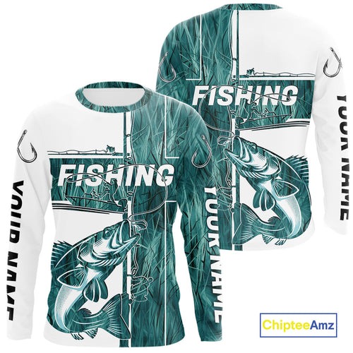 Custom Greenish Blue Grass Camo Cross Faith Walleye Long Sleeve Tournament Fishing Shirts IPHW9151
