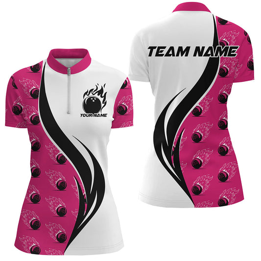 Custom Flame Bowling Polo Shirts For Women, Bowling Team Uniforms With Name | Pink IPHW6975