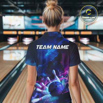 Custom Galaxy Bowling Women Quarter-Zip Shirts, Holographic Bowling League Shirt IPHW9500